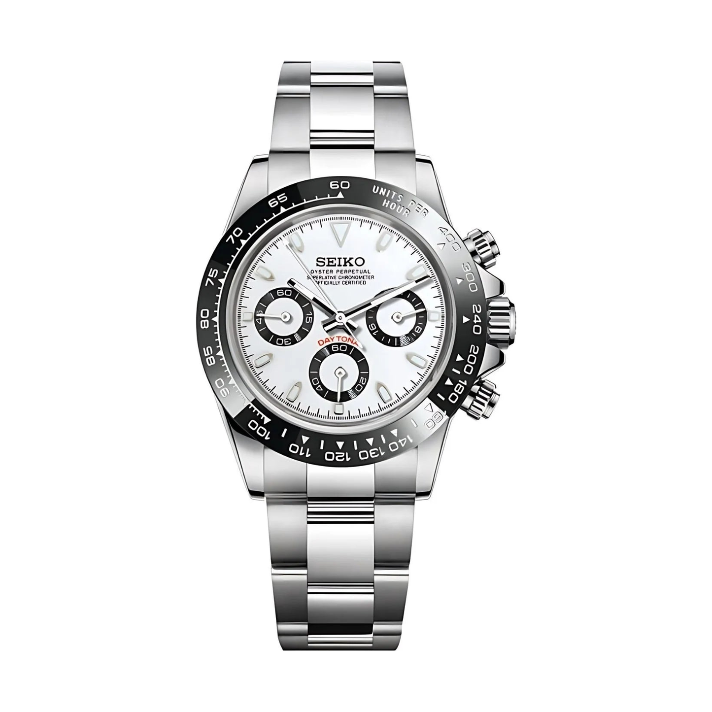 Daytona (White) Seiko VK63 meca-quartz chronograph mod watch. A white dial watch with a tachymeter bezel and a steel bracelet, shown in a full product shot.