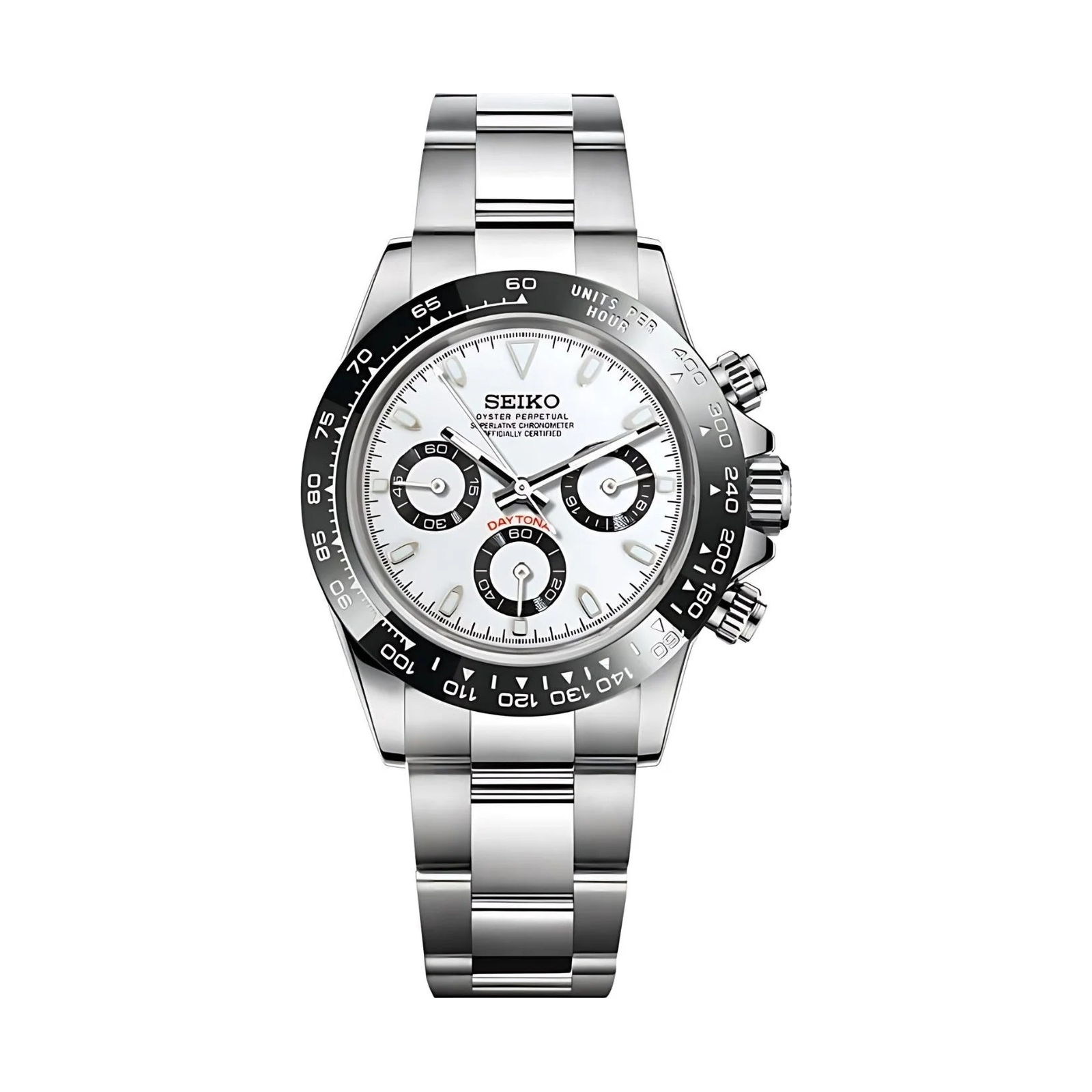 Daytona (White) Seiko VK63 meca-quartz chronograph mod watch. A white dial watch with a tachymeter bezel and a steel bracelet, shown in a full product shot.