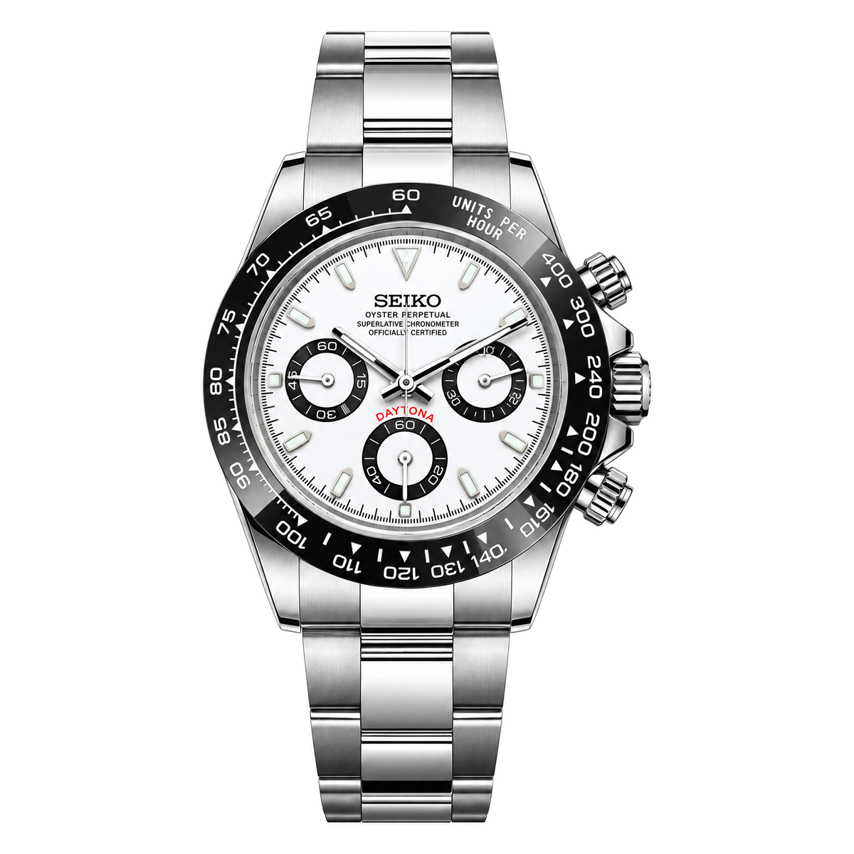 Daytona (White) Seiko VK63 meca-quartz chronograph mod watch. A white dial watch with a tachymeter bezel and a steel bracelet, shown in a full product shot.