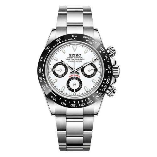 Daytona (White) Seiko VK63 meca-quartz chronograph mod watch. A white dial watch with a tachymeter bezel and a steel bracelet, shown in a full product shot.