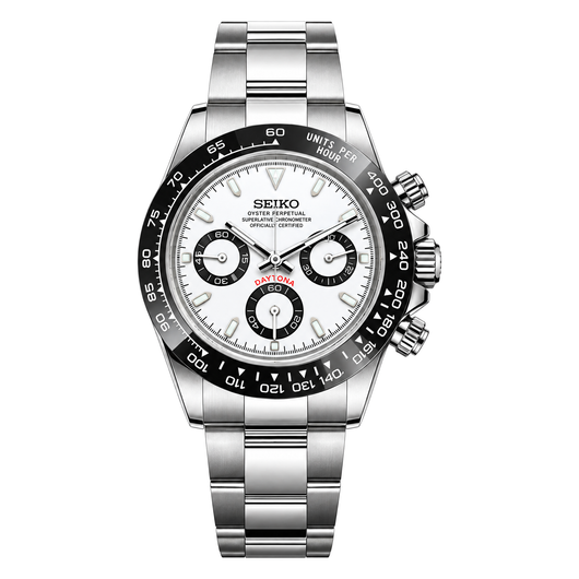 Daytona (White) Seiko VK63 meca-quartz chronograph mod watch. A white dial watch with a tachymeter bezel and a steel bracelet, shown in a full product shot.