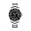 Submariner (Black) Seiko NH35 automatic mod watch. A black dial watch with a black bezel on a metal bracelet shown in a full watch shot.