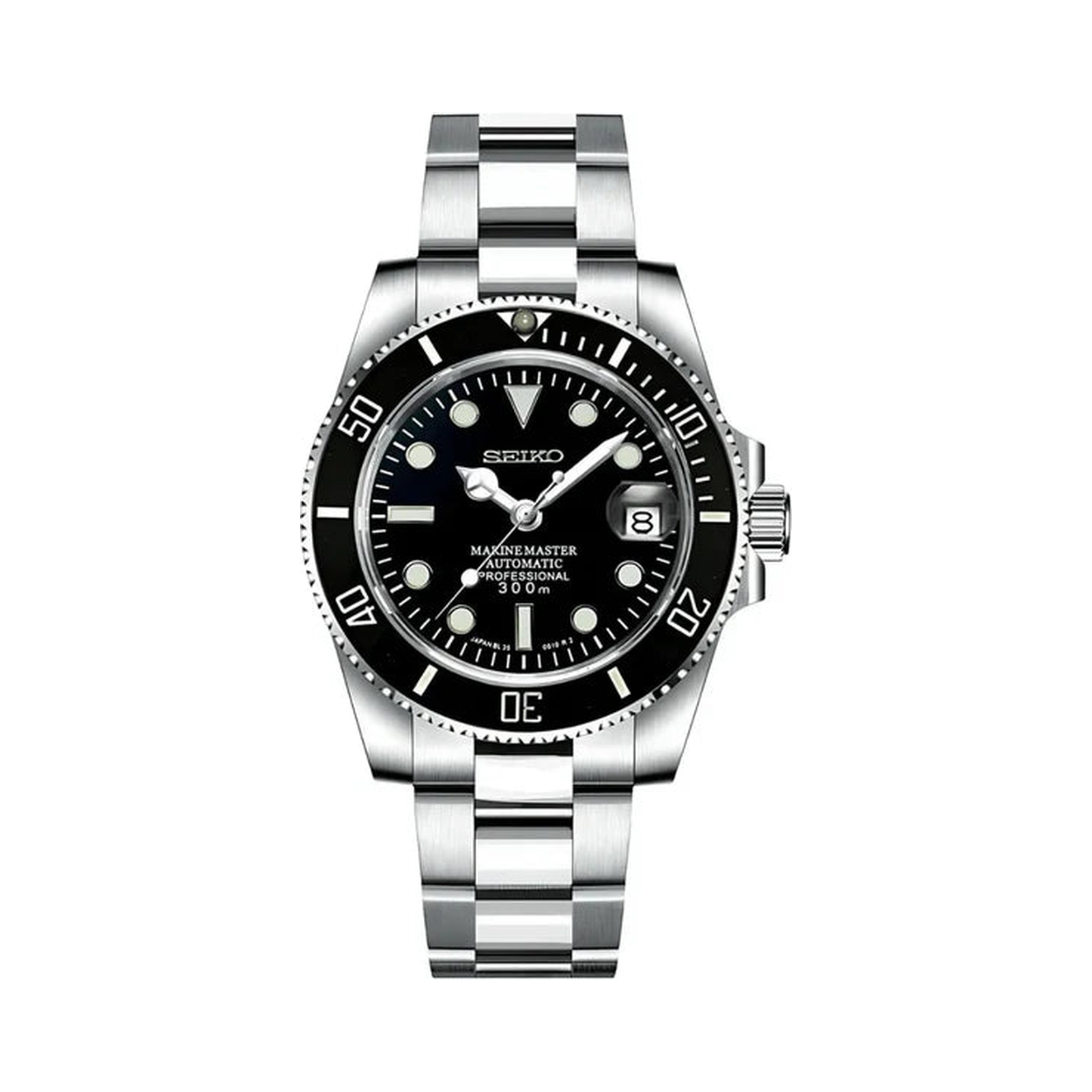 Submariner (Black) Seiko NH35 automatic mod watch. A black dial watch with a black bezel on a metal bracelet shown in a full watch shot.
