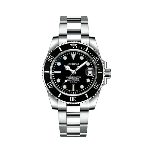 Submariner (Black) Seiko NH35 automatic mod watch. A black dial watch with a black bezel on a metal bracelet shown in a full watch shot.