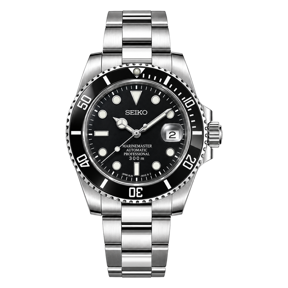 Submariner (Black) Seiko NH35 automatic mod watch. A black dial watch with a black bezel on a metal bracelet shown in a full watch shot.