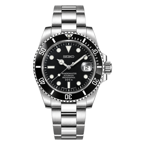 Submariner (Black) Seiko NH35 automatic mod watch. A black dial watch with a black bezel on a metal bracelet shown in a full watch shot.