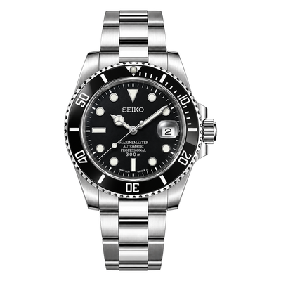 Submariner (Black) Seiko NH35 automatic mod watch. A black dial watch with a black bezel on a metal bracelet shown in a full watch shot.