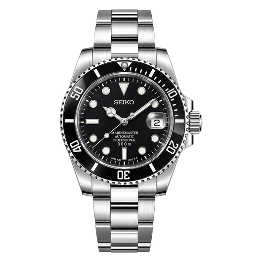 Submariner (Black) Seiko NH35 automatic mod watch. A black dial watch with a black bezel on a metal bracelet shown in a full watch shot.