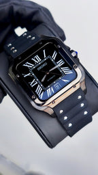 Santos (Black) Seiko NH35 automatic mod watch. A full watch shot showing a black dial with white Roman numerals and a black rubber strap.